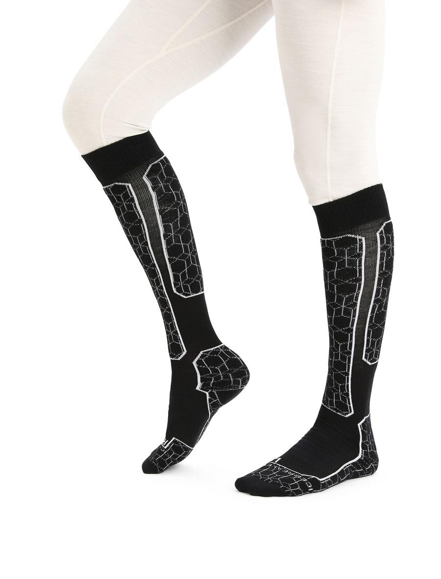 Men's Icebreaker Merino Ski+ Medium Over the Calf Alpine Geo Socks Black / Snow | CA 1942GSOL